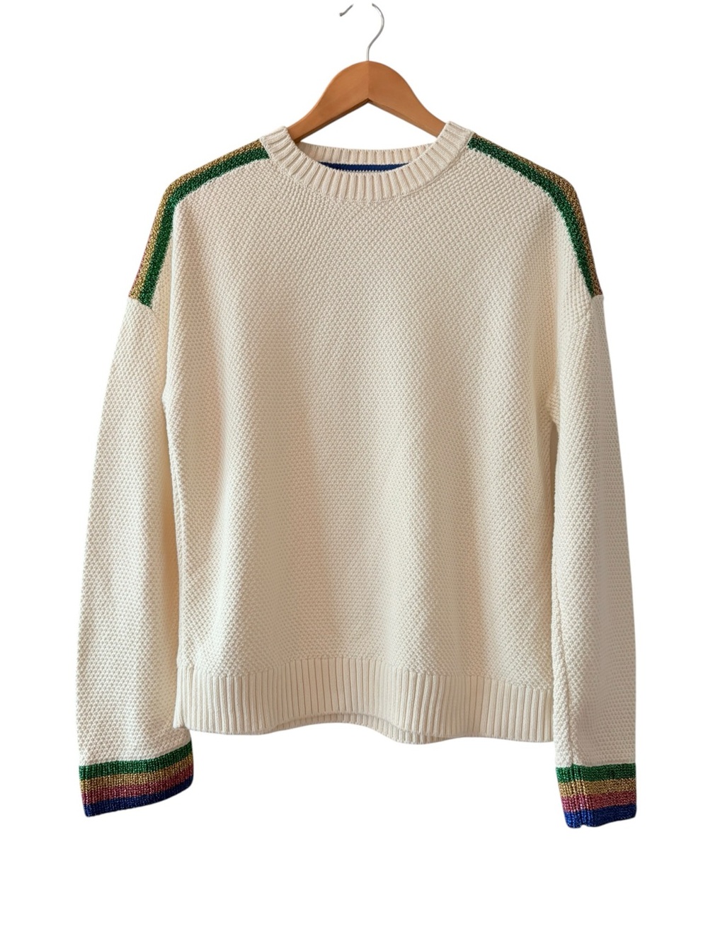Boden Cream Crewneck Sweater with Metallic Stripe Accents